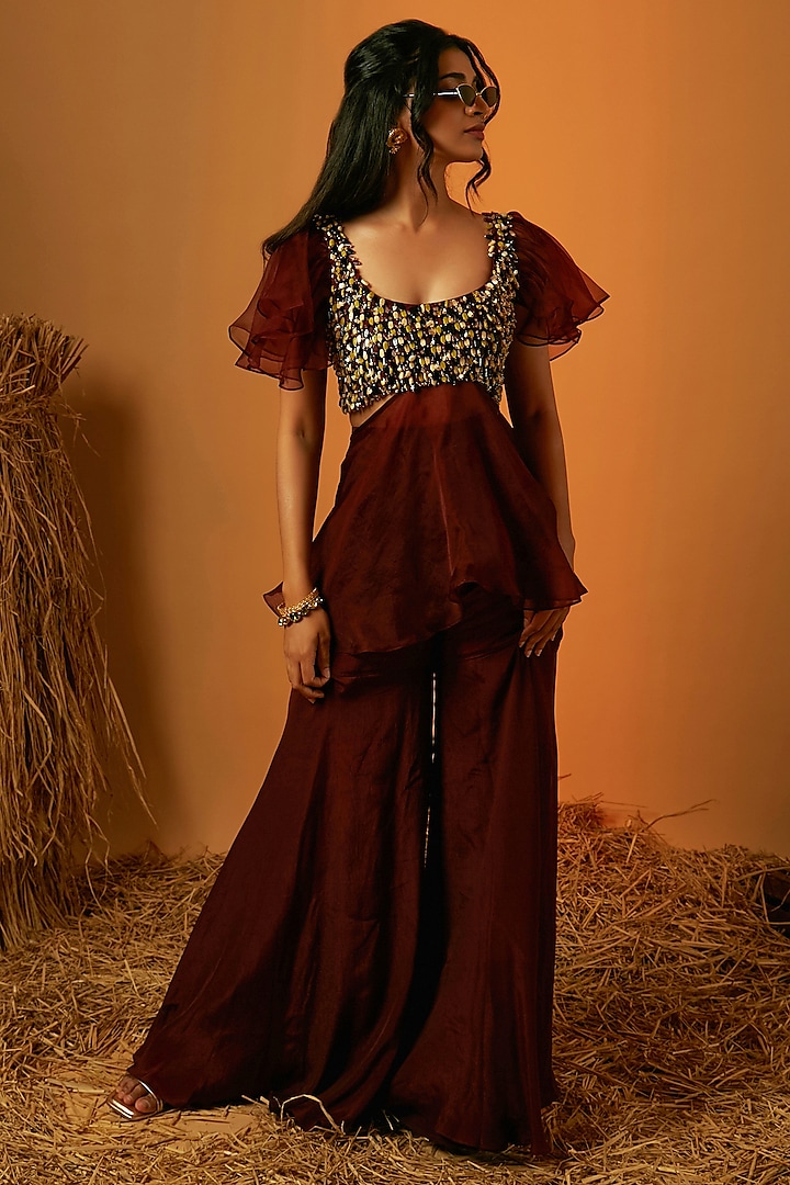Maroon Crepe Wedding Sharara Set by Ria Shah Label at Pernia's Pop Up Shop