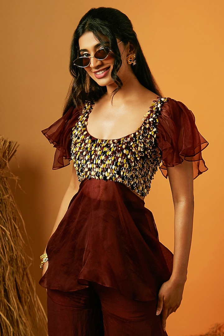 Maroon Crepe Wedding Sharara Set by Ria Shah Label at Pernia's Pop Up Shop