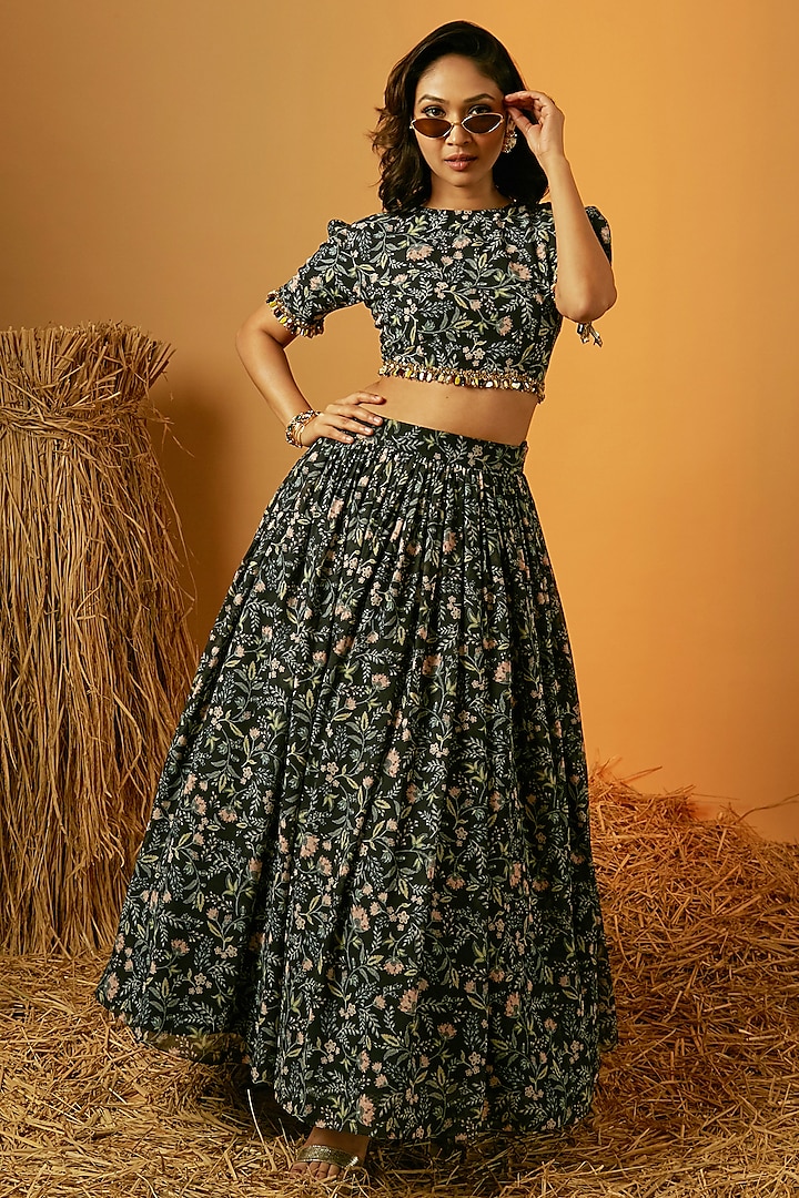 Black Poly Georgette Floral Printed Skirt Set by Ria Shah Label