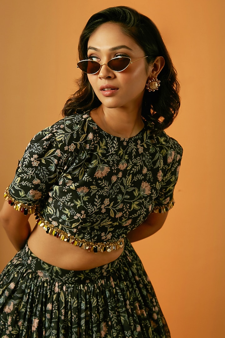 Black Poly Georgette Floral Printed Skirt Set by Ria Shah Label at Pernia's Pop Up Shop