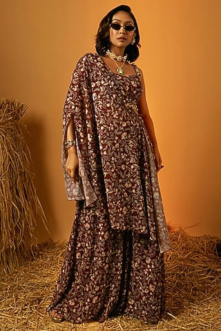 Maroon Poly Georgette Floral Printed Cape Set by Ria Shah Label
