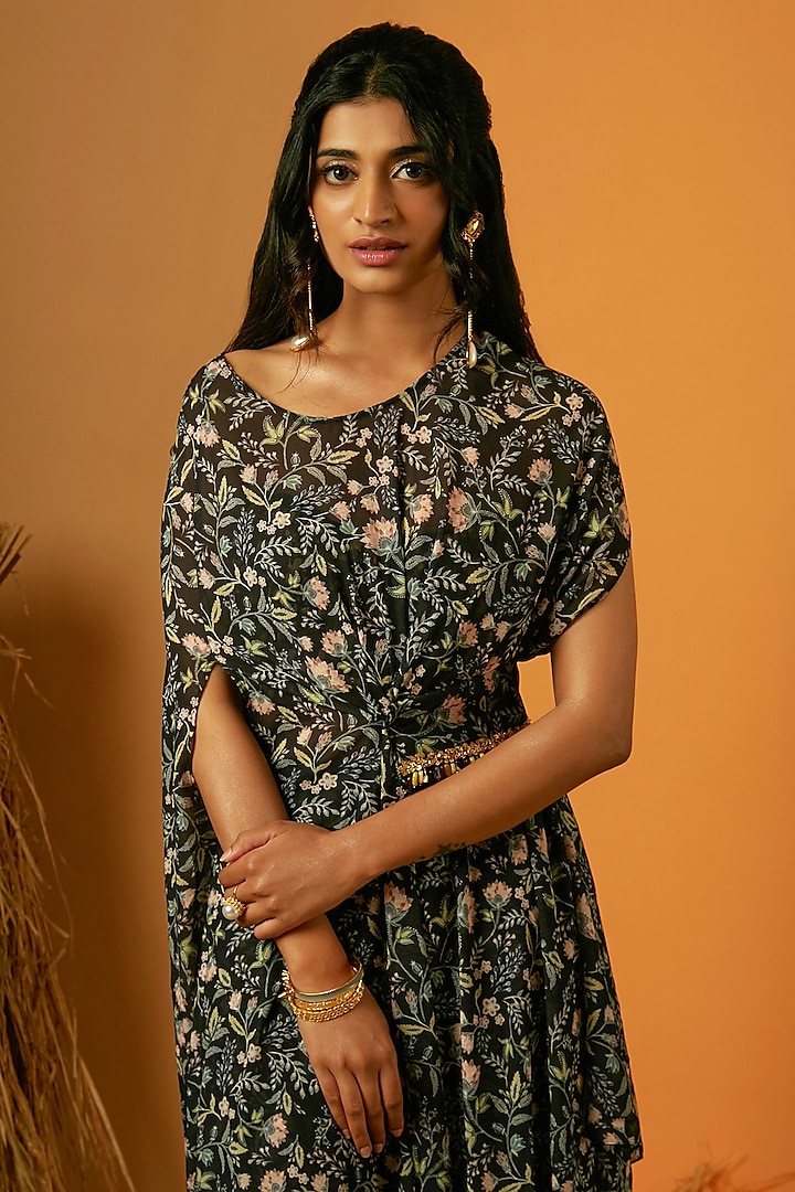 Black Poly Georgette Floral Printed Kaftan Set by Ria Shah Label at Pernia's Pop Up Shop