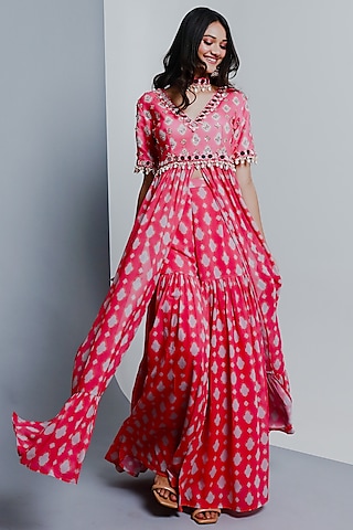 Pink Poly Georgette Geometric Printed Sharara Set by Ria Shah Label