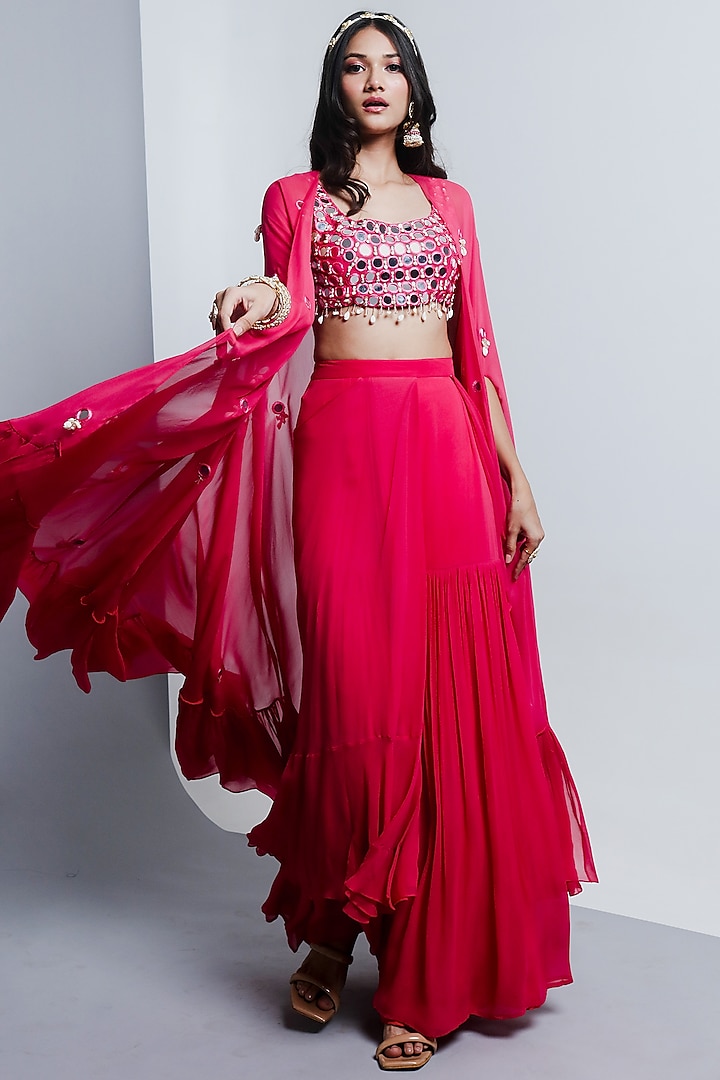 Pink Semi Georgette Draped Sharara Set by Ria Shah Label