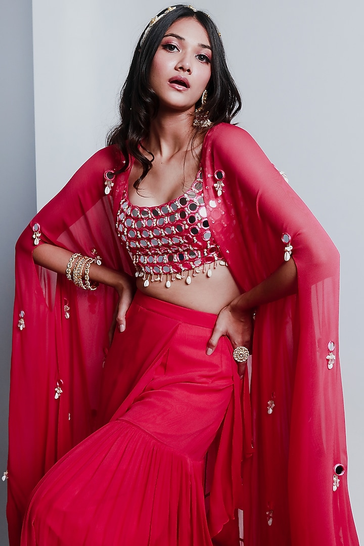 Pink Semi Georgette Draped Wedding Sharara Set by Ria Shah Label at Pernia's Pop Up Shop