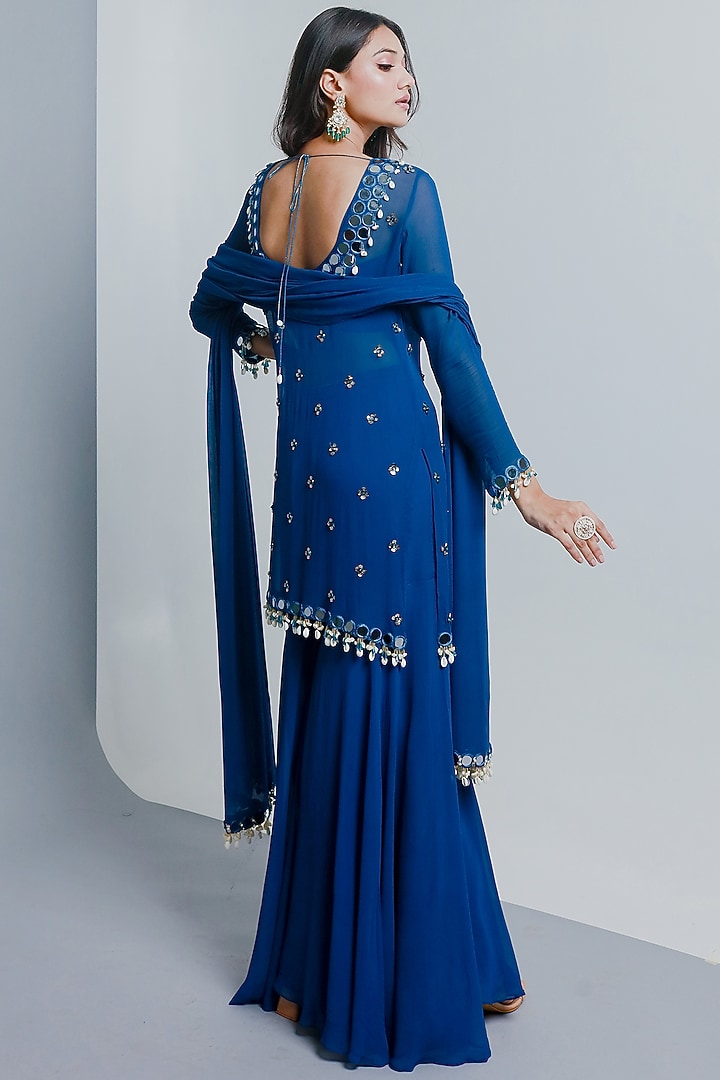 Blue Semi Georgette Wedding Sharara Set by Ria Shah Label at Pernia's Pop Up Shop