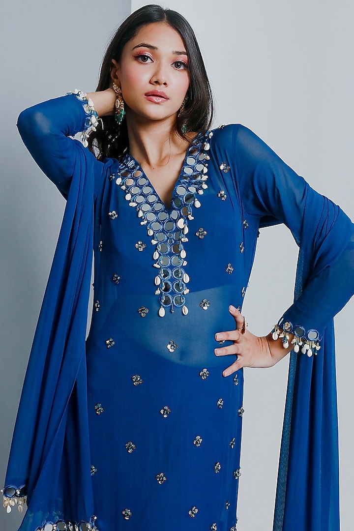 Blue Semi Georgette Wedding Sharara Set by Ria Shah Label at Pernia's Pop Up Shop