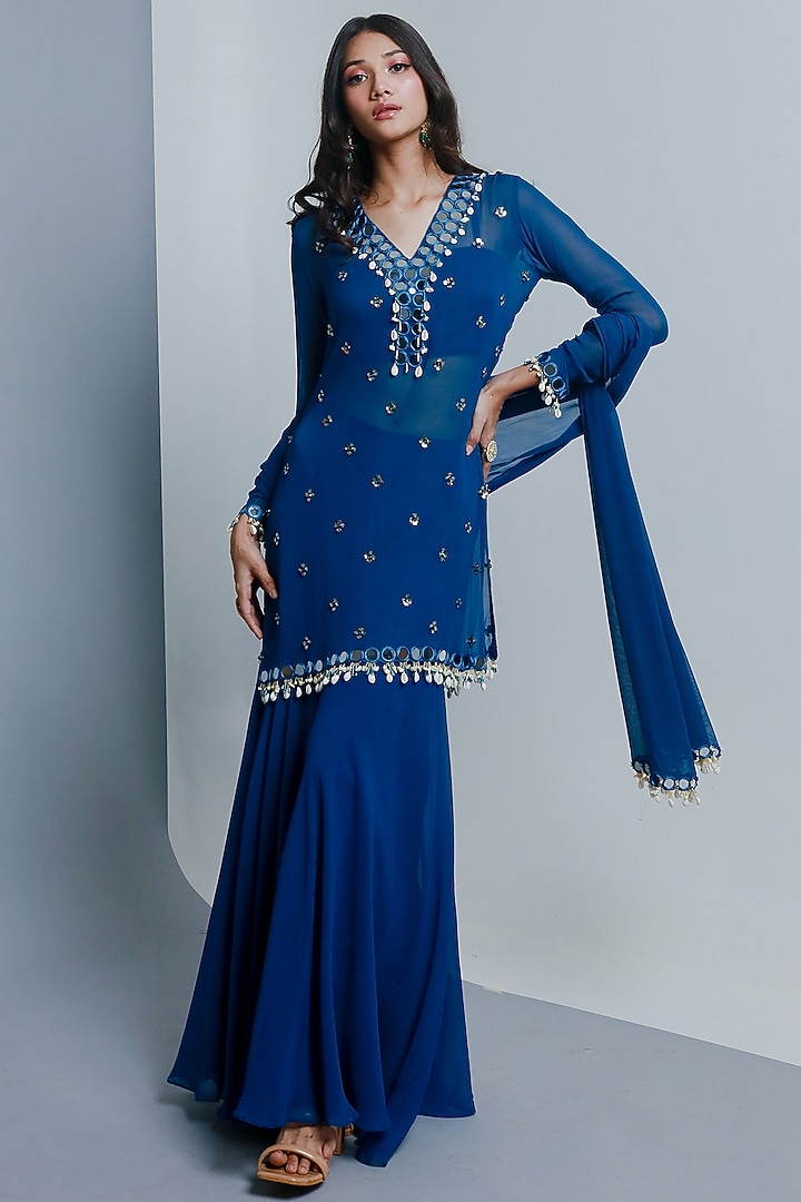 Blue Semi Georgette Wedding Sharara Set by Ria Shah Label at Pernia's Pop Up Shop