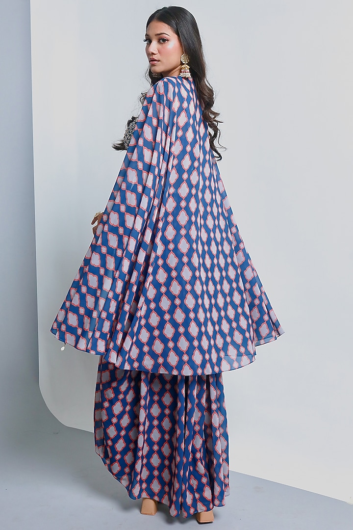 Blue Poly Georgette Geometric Printed Draped SKirt Set by Ria Shah Label at Pernia's Pop Up Shop