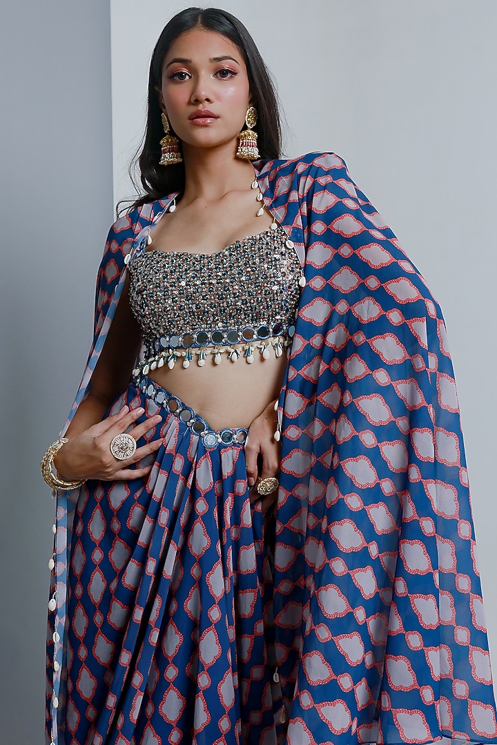 Blue Poly Georgette Geometric Printed Draped SKirt Set by Ria Shah Label at Pernia's Pop Up Shop