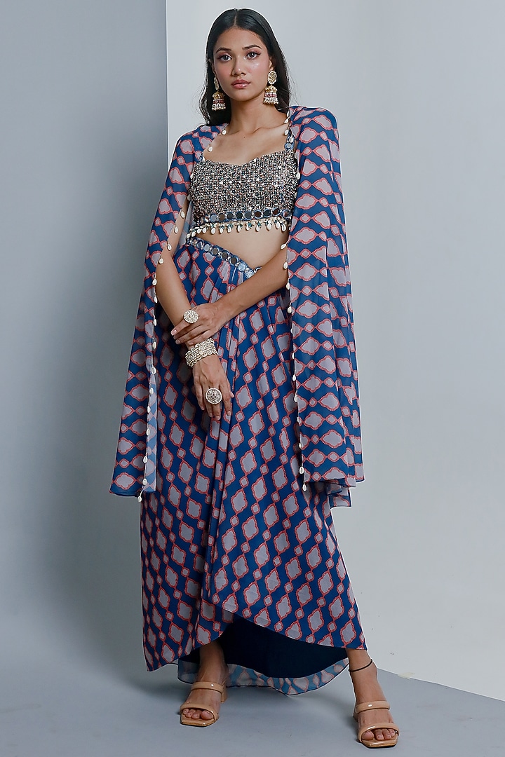 Blue Poly Georgette Geometric Printed Draped SKirt Set by Ria Shah Label at Pernia's Pop Up Shop
