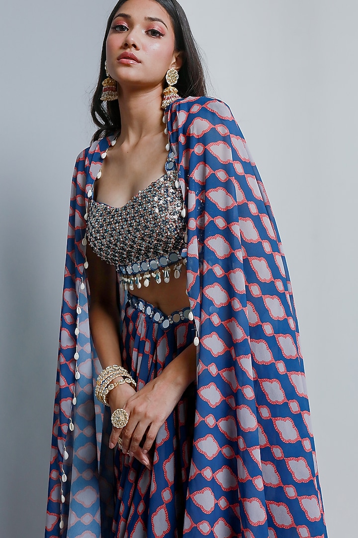 Blue Poly Georgette Geometric Printed Draped SKirt Set by Ria Shah Label at Pernia's Pop Up Shop