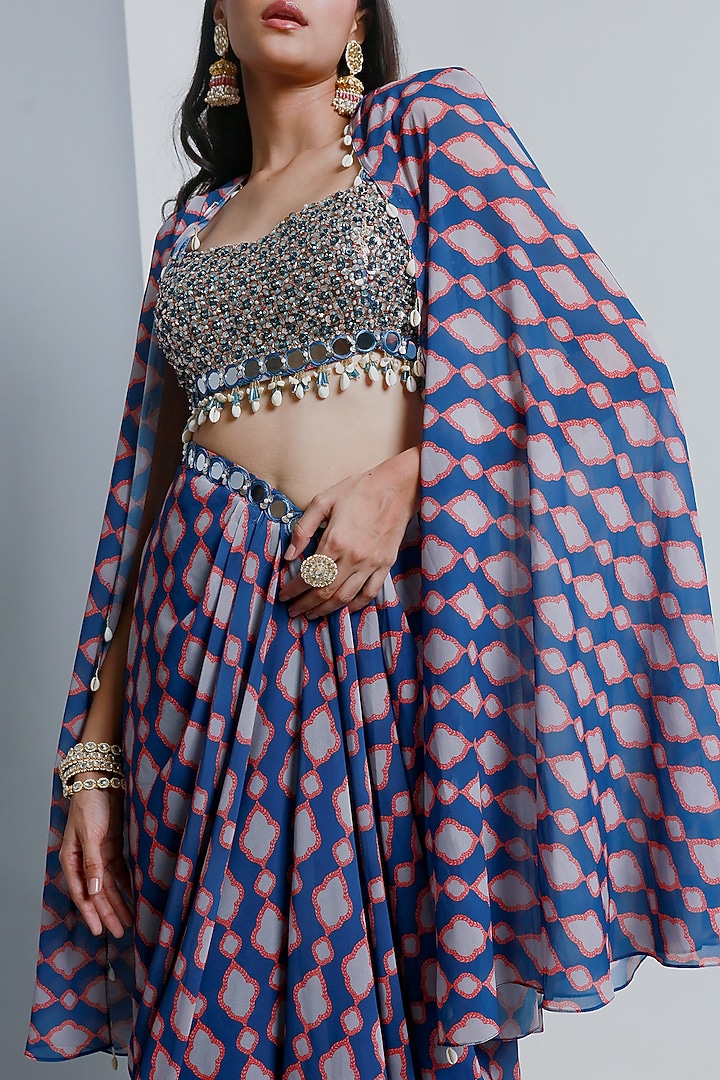 Blue Poly Georgette Geometric Printed Draped SKirt Set by Ria Shah Label at Pernia's Pop Up Shop