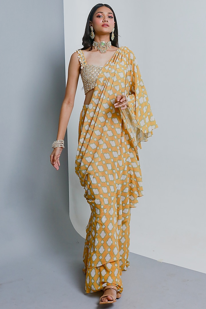 Yellow Poly Georgette Geometric Printed Pre-Stitched Pant Saree Set by Ria Shah Label
