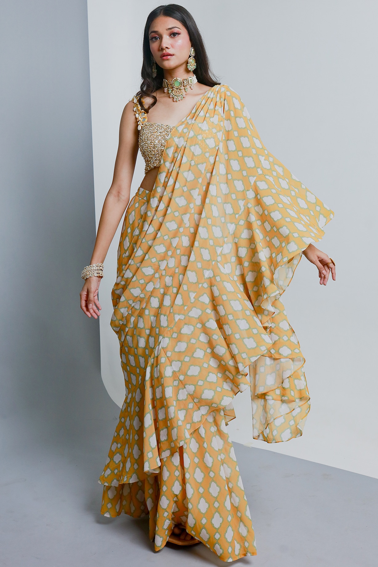 Yellow Poly Georgette Geometric Printed Pre-Stitched Pant Saree Set Design  by Ria Shah Label at Pernia's Pop Up Shop 2024