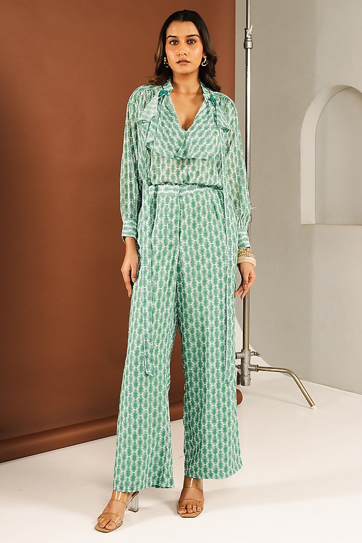 Green Georgette Ruffled Co-Ord Set by Ria Shah Label at Pernia's Pop Up Shop