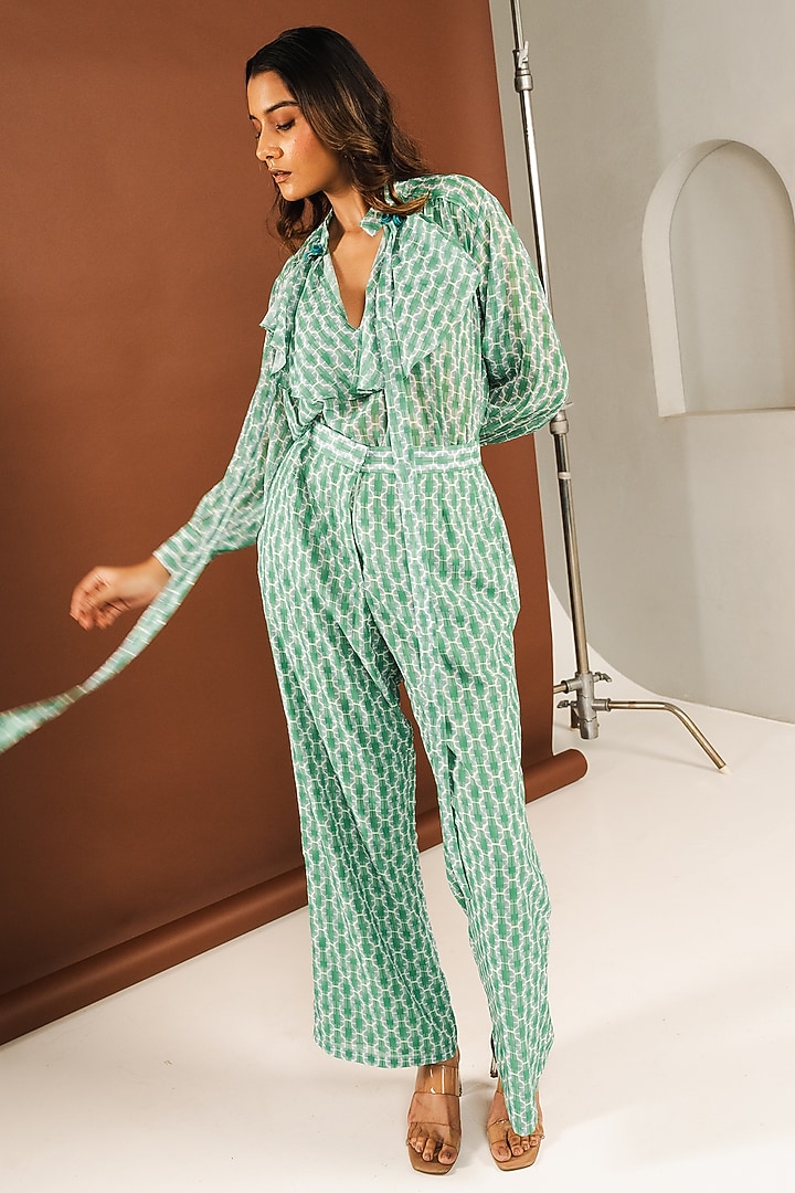 Green Georgette Ruffled Co-Ord Set by Ria Shah Label at Pernia's Pop Up Shop