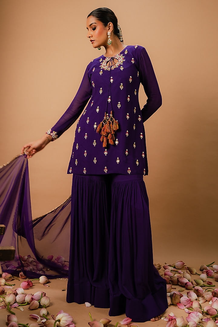 Deep Violet Georgette Wedding Sharara Set by Ria Shah Label at Pernia's Pop Up Shop