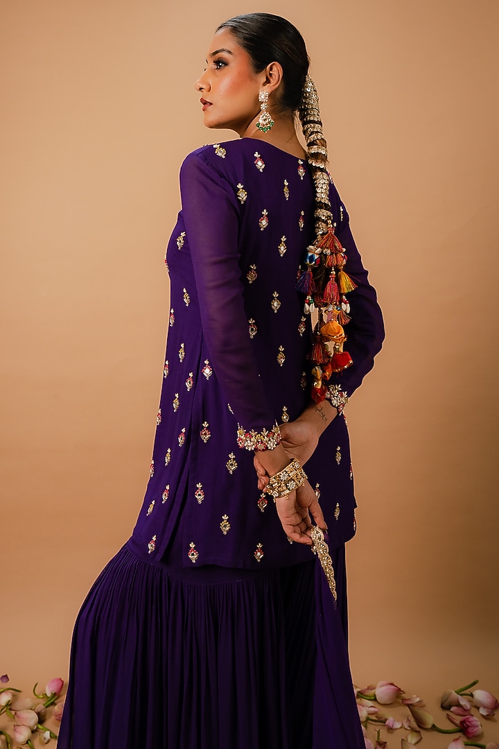 Deep Violet Georgette Wedding Sharara Set by Ria Shah Label at Pernia's Pop Up Shop