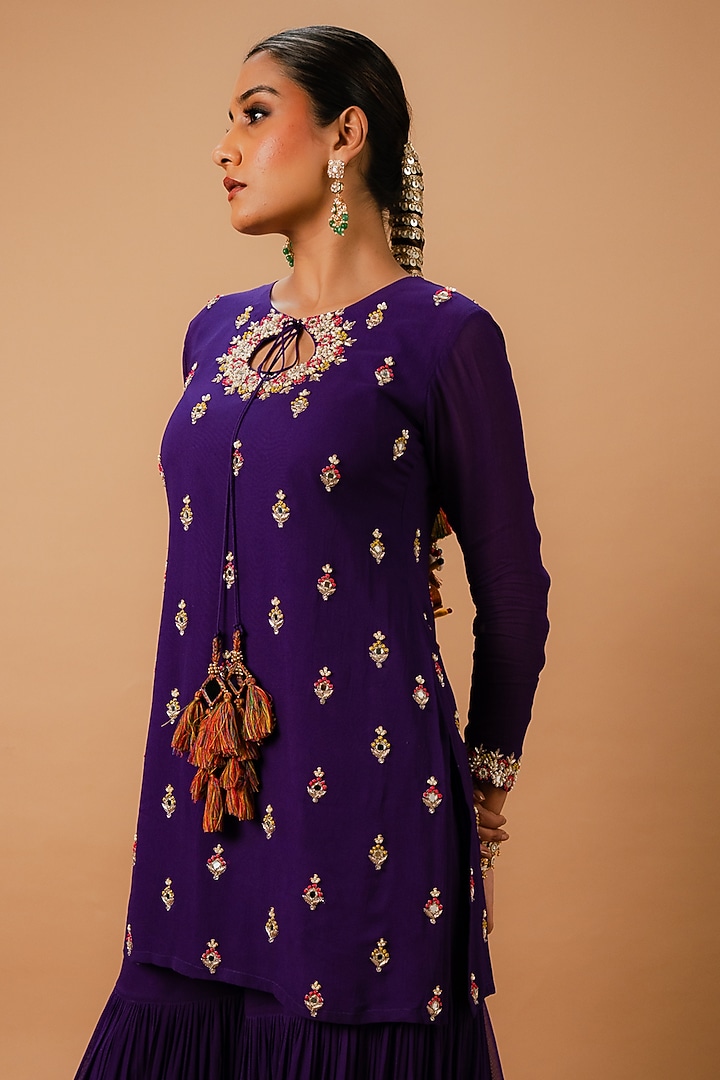 Deep Violet Georgette Wedding Sharara Set by Ria Shah Label at Pernia's Pop Up Shop