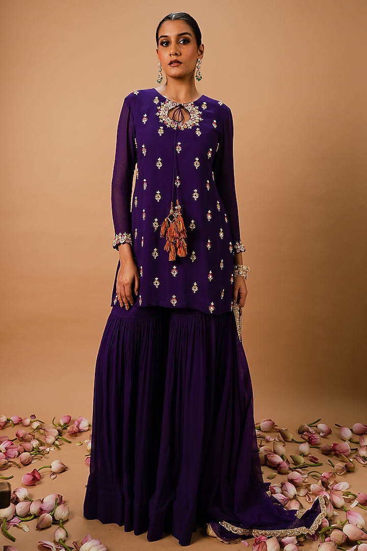 Deep Violet Georgette Wedding Sharara Set by Ria Shah Label at Pernia's Pop Up Shop