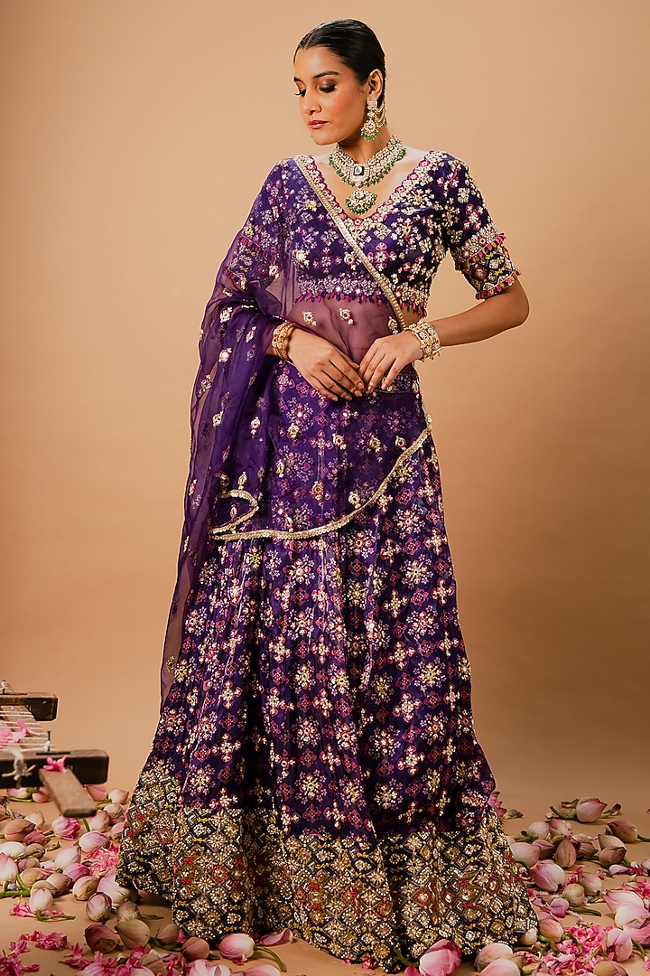 Purple Glass Tissue Organza Patola Printed Bridal Lehenga Set by Ria Shah Label at Pernia's Pop Up Shop