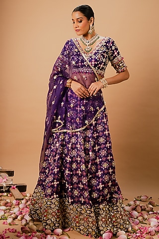 Purple Glass Tissue Organza Patola Printed Lehenga Set by Ria Shah Label