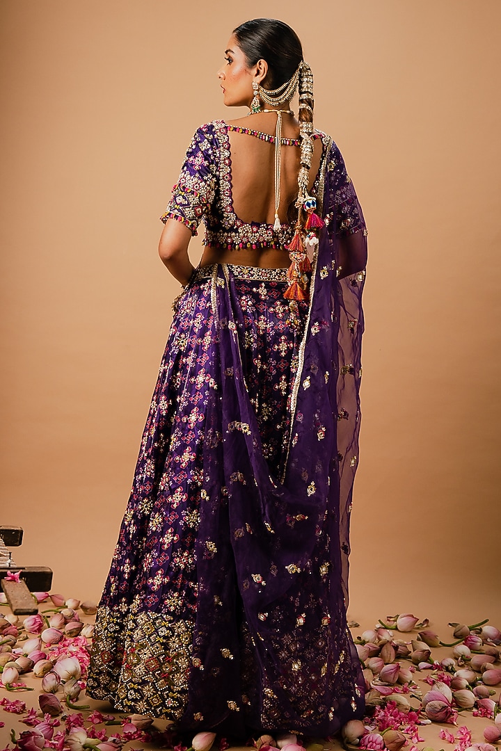 Purple Glass Tissue Organza Patola Printed Bridal Lehenga Set by Ria Shah Label at Pernia's Pop Up Shop