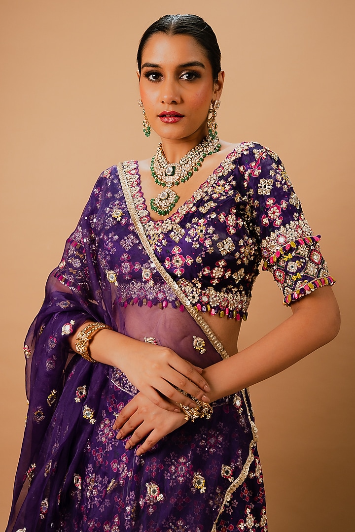 Purple Glass Tissue Organza Patola Printed Bridal Lehenga Set by Ria Shah Label at Pernia's Pop Up Shop