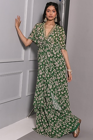 Forest Green Floral Printed Kaftan Set by Ria Shah Label