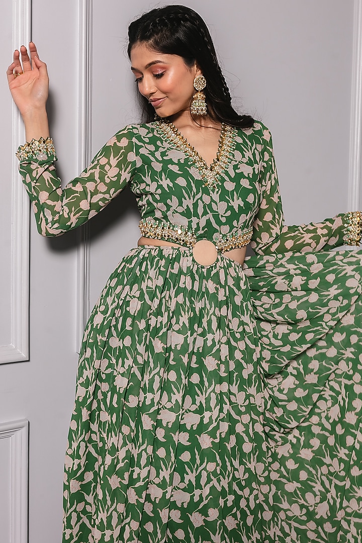 Forest Green Printed Wedding Anarkali by Ria Shah Label at Pernia's Pop Up Shop