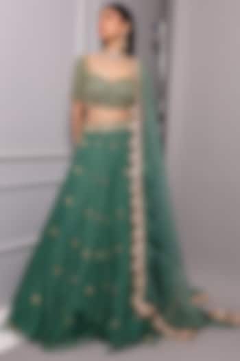 Teal Green Embroidered Lehenga Set by Ria Shah Label