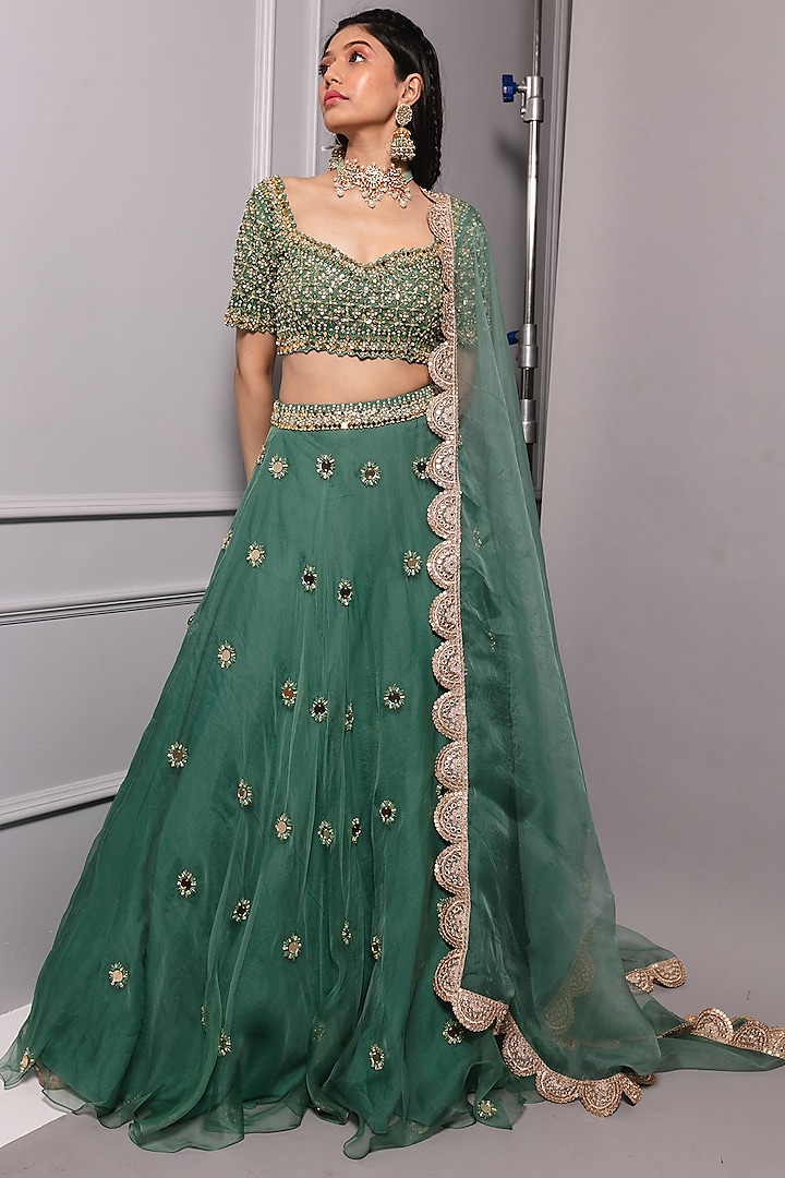 Teal Green Embroidered Lehenga Set by Ria Shah Label