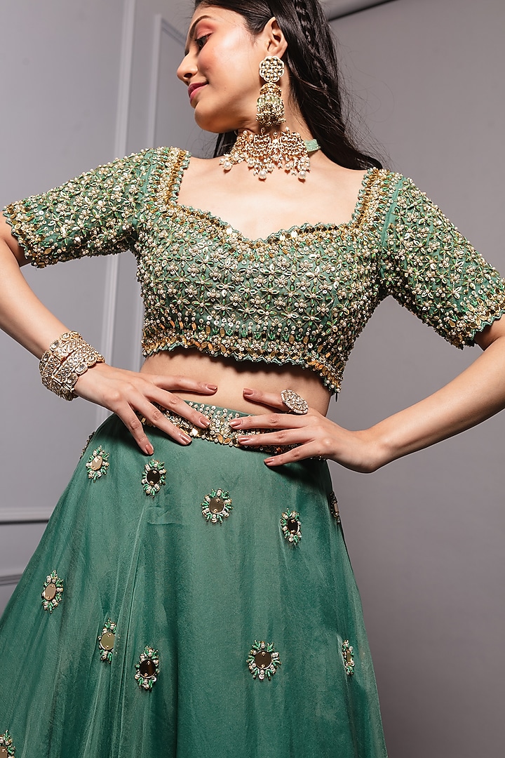 Teal Green Embroidered Wedding Lehenga Set by Ria Shah Label at Pernia's Pop Up Shop