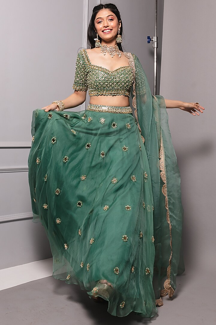 Teal Green Embroidered Wedding Lehenga Set by Ria Shah Label at Pernia's Pop Up Shop