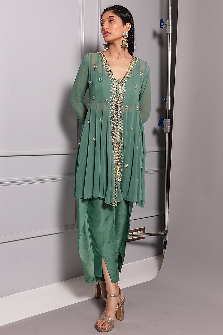 Teal Green Embroidered Kurta Set by Ria Shah Label
