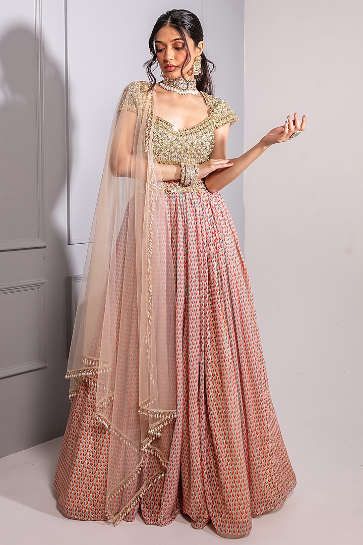 Beige Printed Lehenga Set by Ria Shah Label