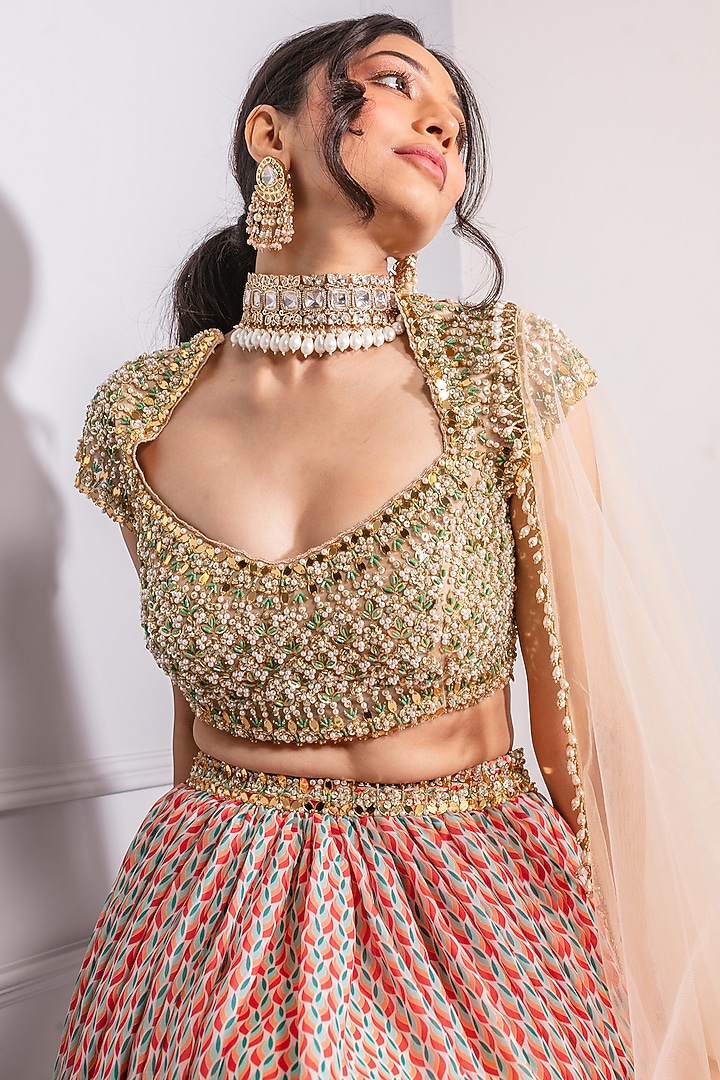 Beige Printed Wedding Lehenga Set by Ria Shah Label at Pernia's Pop Up Shop