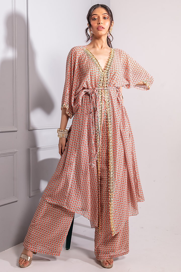 Beige Printed Kaftan Set by Ria Shah Label