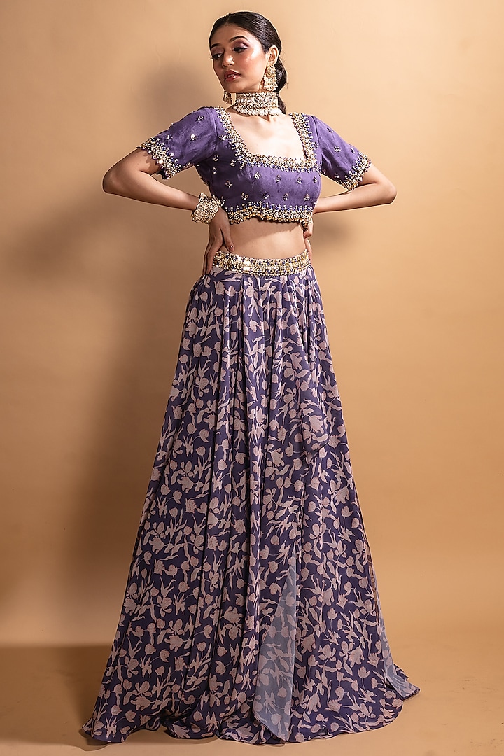 Purple Floral Printed Lehenga Set by Ria Shah Label