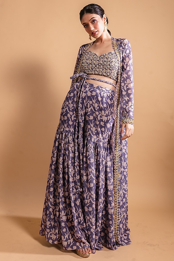 Purple Floral Printed Wedding Sharara Set by Ria Shah Label at Pernia's Pop Up Shop