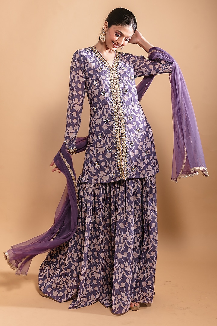 Purple Floral Printed Sharara Set by Ria Shah Label