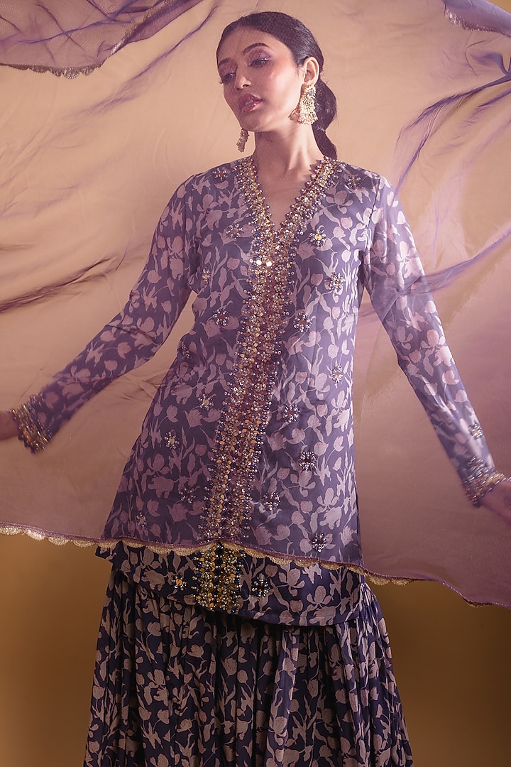 Purple Floral Printed Wedding Sharara Set by Ria Shah Label at Pernia's Pop Up Shop