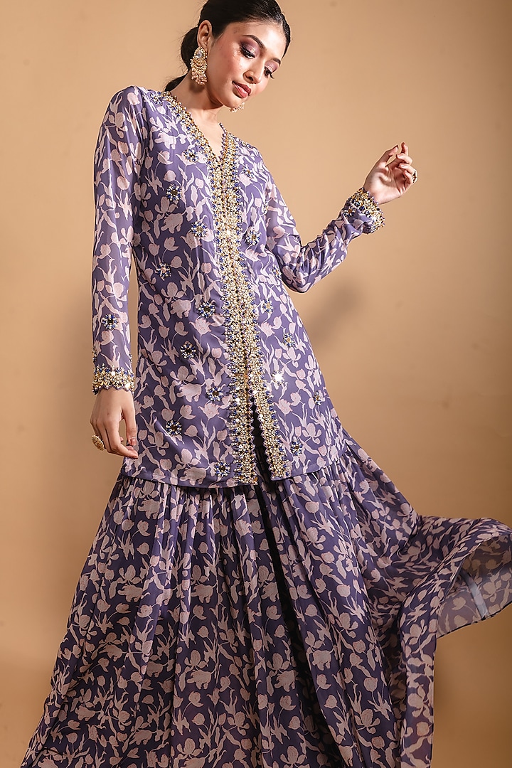 Purple Floral Printed Wedding Sharara Set by Ria Shah Label at Pernia's Pop Up Shop