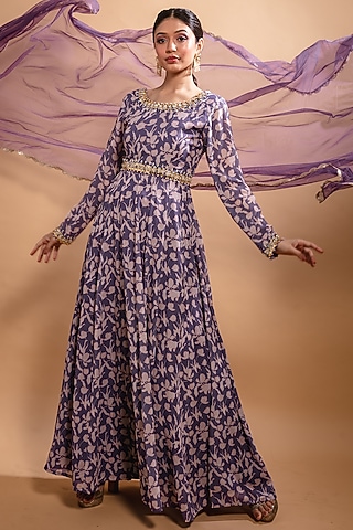 Purple Floral Printed Anarkali Set by Ria Shah Label