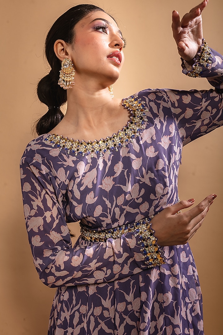 Purple Floral Printed Wedding Anarkali Set by Ria Shah Label at Pernia's Pop Up Shop