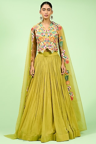 Lime Green Georgette Pleated Lehenga Set by Rishi & Soujit