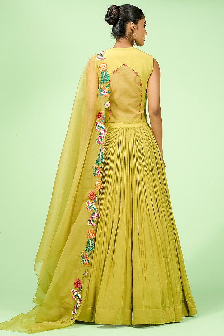 Lime Green Georgette Pleated Wedding Lehenga Set by Rishi & Soujit at Pernia's Pop Up Shop