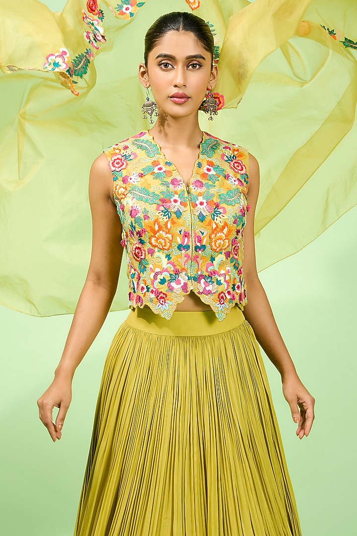 Lime Green Georgette Pleated Wedding Lehenga Set by Rishi & Soujit at Pernia's Pop Up Shop