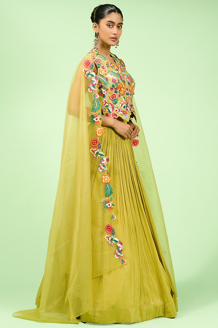 Lime Green Georgette Pleated Wedding Lehenga Set by Rishi & Soujit at Pernia's Pop Up Shop